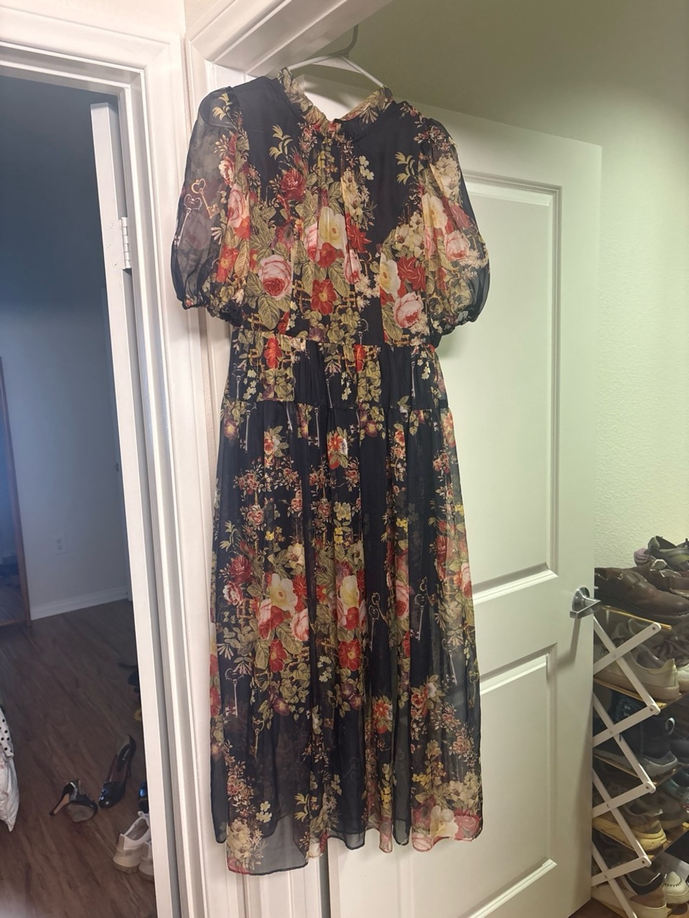 D&G Black Floral Midi Dress with Puff Sleeves